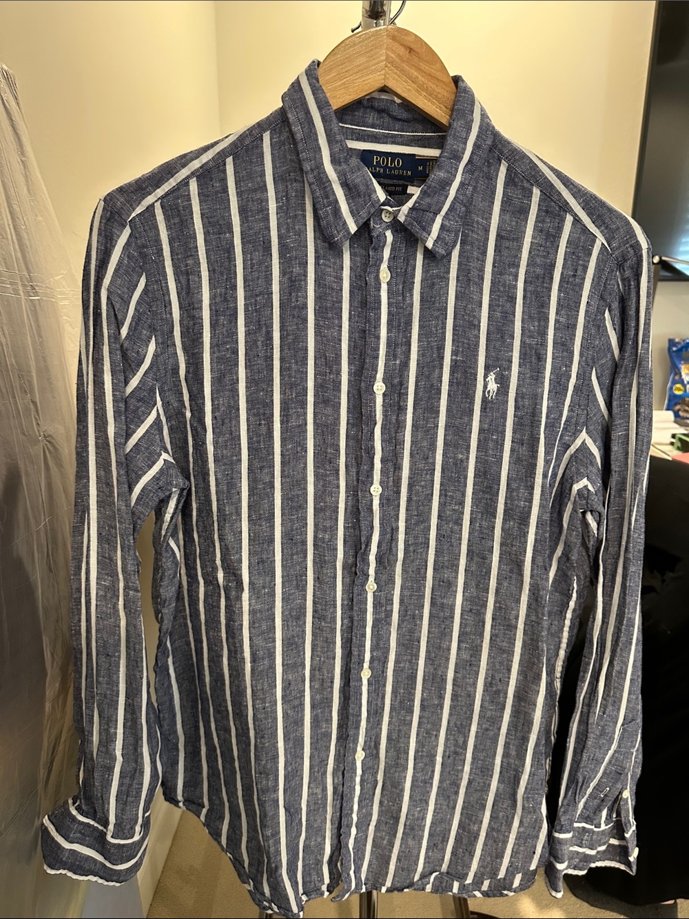 Polo by Ralph Lauren Blue and White Linen Vertical Stripe Button-Down Shirt